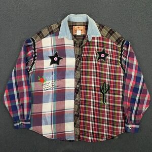 Vintage Joujou Shirt Women One Size Patchwork Flannel Chain Stitch Western Boho